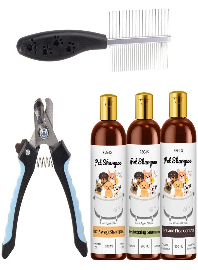 مجموعة ريجيس للعناية بالحيوانات الأليفة، تتضمن شامبو للكلاب، مشط متعدد الألوان بشعيرات ناعمة، مقص أظافر، 3 زجاجات من شامبو الحيوانات الأليفة لجميع أنواع الحيوانات، تصميم منحني، مقبض سيليكون - Image 1